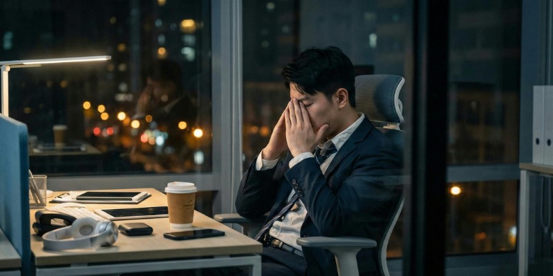 achievement anxiety - a guy sitting at his desk being anxious about his work
